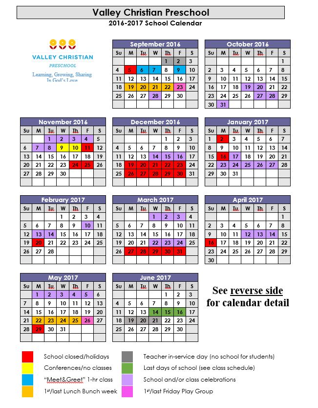 20162017 VCP Calendar revised 1 Valley Christian Preschool